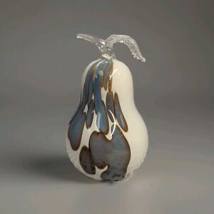 Amelia Art Glass Hand Blown Blue Pebble Pattern Pear Paperweight Clear Stem Leaf